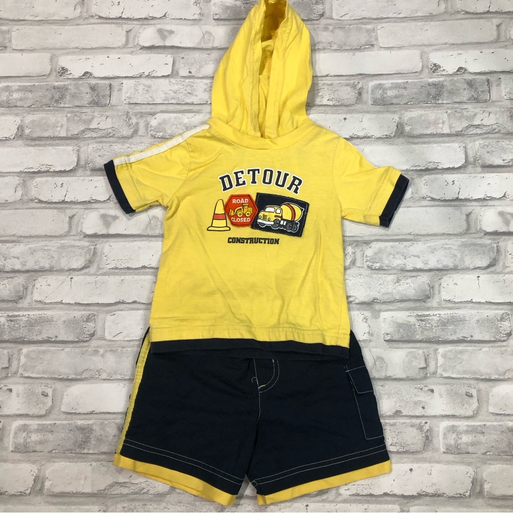 KID CONNECTION | Vintage Construction Outfit Boy’s Hoodie Top Shorts 18M Yellow